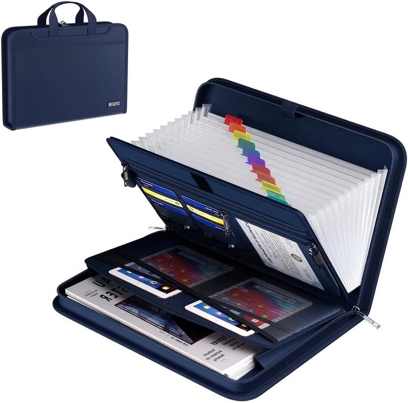BroadFDO Fireproof & Waterproof Accordion File Organizer – Fireproof File Folder with Handle, 13-Pocket Expanding Paperwork Organizer for A4/Letter Documents, Travel File Storage (Blue) - Image 1